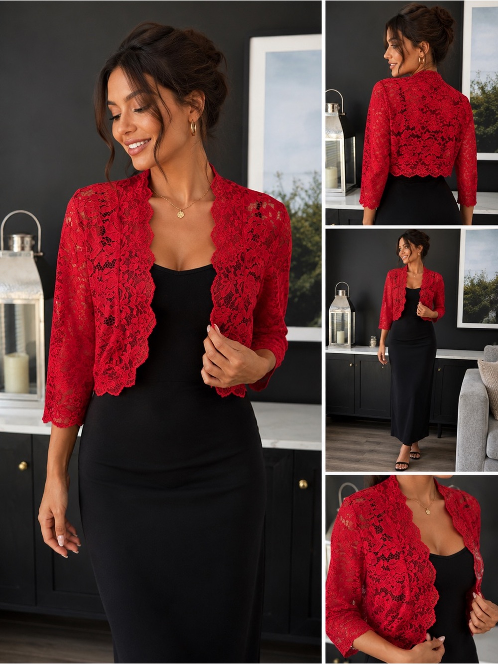 Red Floral Lace Cropped Open Front Bolero Cardigan Size Large
